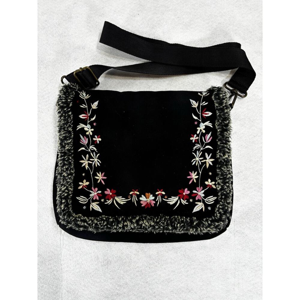 Old Navy Embroidered Faux Fur Trim Crossbody Bag Boho Floral Festival Y2K